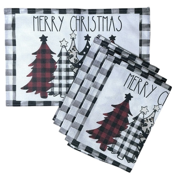 Christmas Placemats Trees Buffalo Plaid Placemats Black White 12 x 18 4 PC Set - Picture 3 of 16